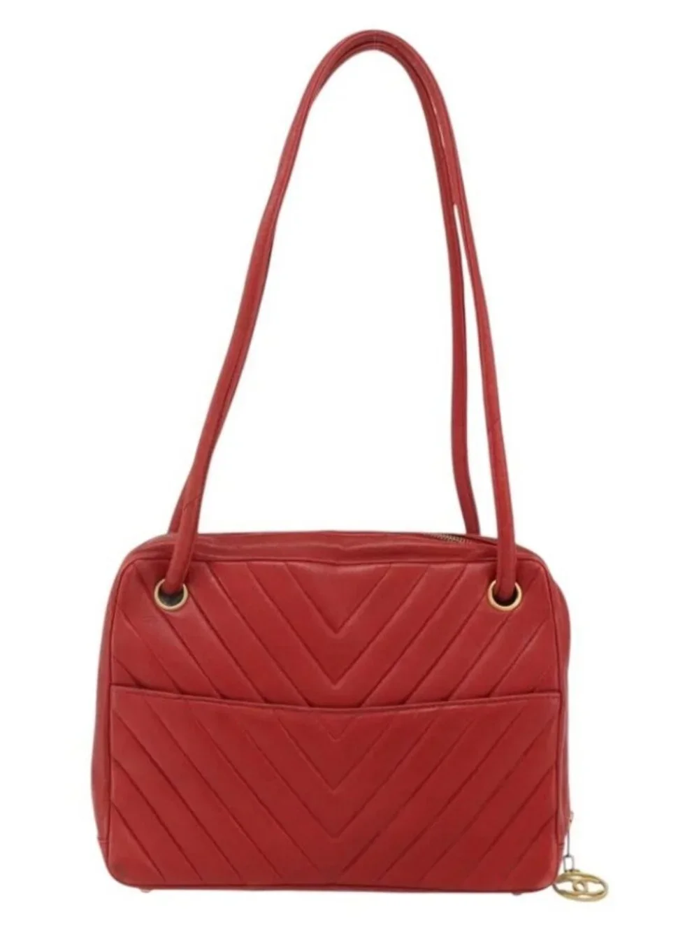 CHANEL V Stitch Shoulder Bag Lamb Skin Gold Red CC Auth mr2345